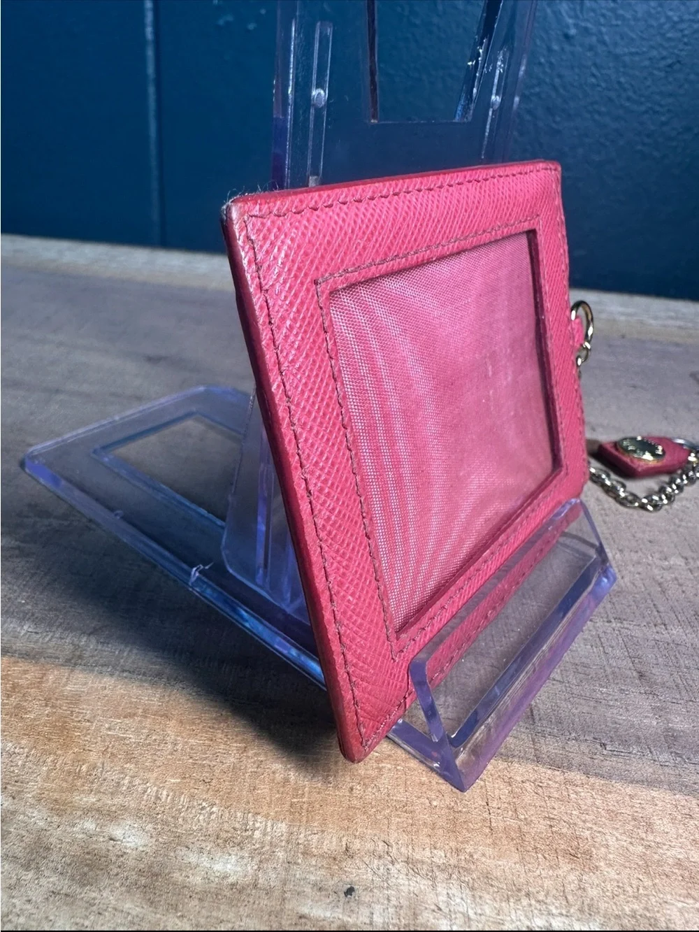Prada Hot Pink Saffiano Leather Card Holder with Chain Keyring Made in Italy